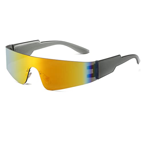 BAWUYI Y2K Futuristic Wrap Around Sunglasses Men Women Visor Cyber Glasses Sports Monoblock Cyclops (Grey Frame-Mirror Red Lens)