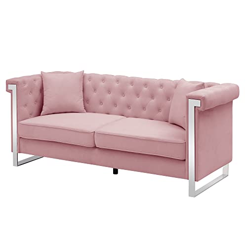 Yoglad Living Room 3 Seat Sofa Chesterfield Couch, Futon Settee With Luxury Silver Metal Legs, Furniture For Living Room, Apartment, Reception (77 Inch, Chenille Fabric, Pink) #TOP5