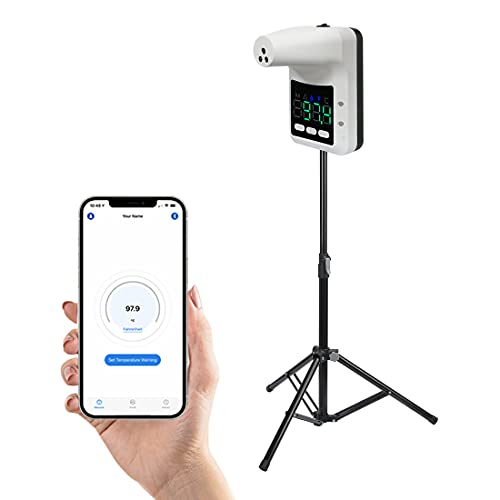 Wall-Mounted Body Thermometer with Bluetooth iOS App & Tripod Holder, Non-Contact Digital Forehead Fever Detection with Alarm for Schools, Offices, Shops (Rechargeable Battery and Tripod Included)