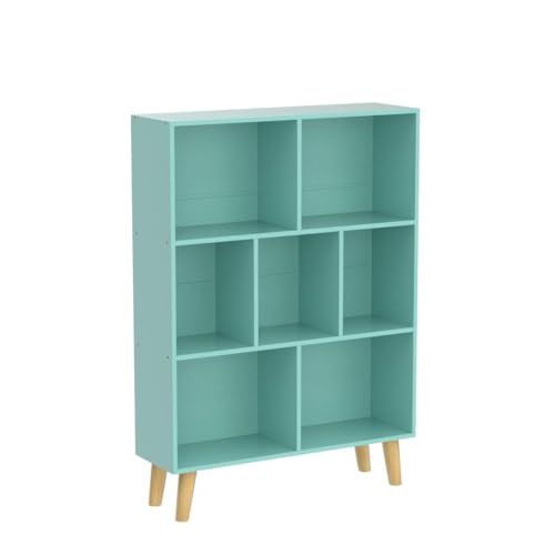 LEYAOYAO 7 Cube Bookshelf 3-Tier Bookcase with Legs, Mint-Green Kids Book Shelf Cute Storage Organizer, Toy Shelves Bookshelves,Wood Display Bookcases