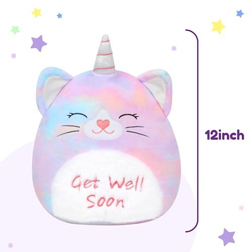 Image of Easfan 13'' Get Well Soon Unicorn Cat Plush Pillow Soft Cute Stuffed Animal with Silver Horn Feel Better Gifts for Kids Patient Feel Better for Women