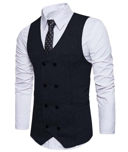 Men's Double-Breasted Vest Suit Vest Casual Top Herringbone Pattern Waistcoat For Wedding
