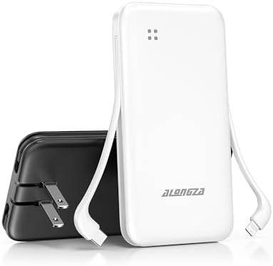Alongza Portable Charger Built-in Cables and AC Wall Plug, Slim Fast Charging Power Bank 10000mAh, Lightweight USB C External Battery Pack Compact Travel Cell Phone Charger, 2 Pack Black & White