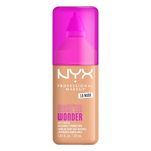 NYX Professional Makeup Make 'Em Wonder, Base de Maquillaje Mate, Resiste hasta 24H, Unifica e Hidrata la Piel, Infusionada con Vitamina C y Ácido Hialurónico, Fórmula Vegana, Tono: Nude