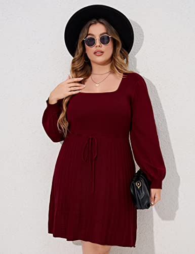 Image of Women's Plus Size Casual Sweater Dress Square Neck Long Lantern Sleeve Tie Waist Loose Pullover Sweater Dresses