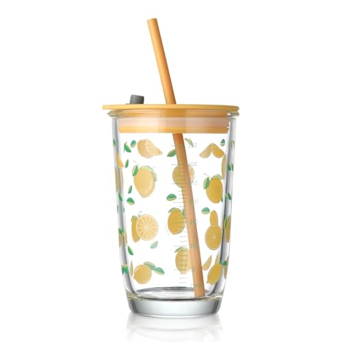 Image of Glass Tumbler with Scale,Straw and Lid, Portable Glass Drinking Jar with Lemon Pattern, Thick Glass Cup for Coffee Juice Milkshake (430ML, Pack of 1, Yellow)