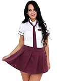 Raenseen Women 3 Pcs School Sweetie Costume School Girl Cosplay Lingerie Outfits Halloween Party Clubwear Burgundy Large