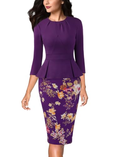 Image of VFSHOW Womens Pleated Crew Neck Peplum Slim Work Business Bodycon Dress | 3 /4 Sleeves, Professional Elegant Church, Funeral, Spring Fall, Fitted Office Pencil Sheath Dress