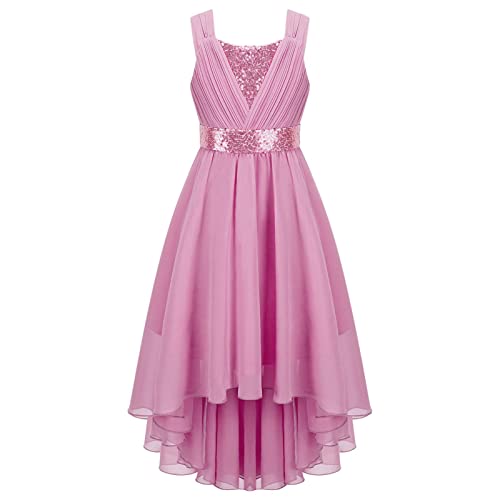 IEFIEL Vestido de Princesa Fiesta para Niña Vestido de Gasa Plisada con Lentejuelas Brillante Vestido de Ceremonia Boda Dama de Honor Cumpleaños 3-16 Años Rosa 9-10 años Cover