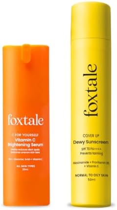 Foxtale Glow & Guard Duo | SPF 70 Dewy Finish Sunscreen & 15% Vitamin C Serum | Broad-Spectrum UV Protection | Hydrating, Brightening, Tan Prevention | Niacinamide, Peptides, Vitamin E | For All Skin Types | Summer Skincare Essential | 50ml + 30ml