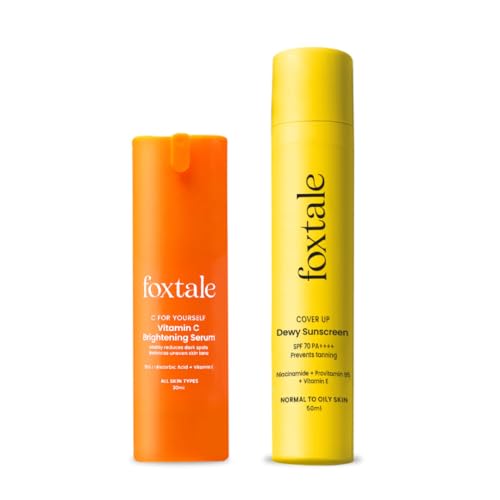 Foxtale Glow & Guard Duo | SPF 70 Dewy Finish Sunscreen & 15% Vitamin C Serum | Broad-Spectrum UV Protection | Hydrating, Brightening, Tan Prevention | Niacinamide, Peptides, Vitamin E | For All Skin Types | Summer Skincare Essential | 50ml + 30ml