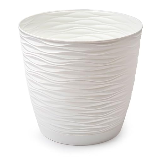 Acan Tradineur - Maceta Redonda con Plato - Diseño Wind (Ø 27 cm) - Fabricado en plástico - Ideal para jardín Exterior, terraza o balcón - Color Blanco