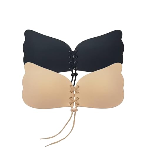 Image of Molten Creek® Women Push-Up Bra, Silicone Stick-On Bra with Drawstring, Strapless Backless Bra, Self Adhesive, Super Sticky, Suitable for Various Occasions, Pack of 2 (UK, Cup & Band, A, Black + Nude)