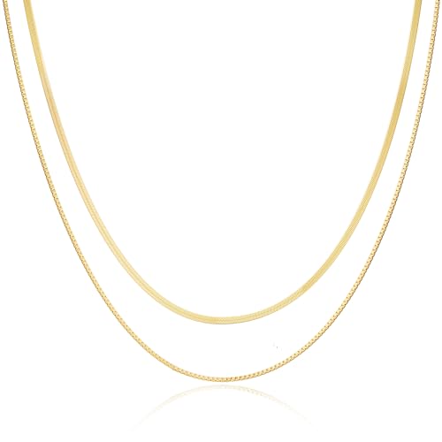 Freekiss Herringbone Necklace for Women: Dainty Gold Necklace 14k Gold Plated Snake Gold Chain Choker Necklaces Layered Necklace Set Gold Jewelry for Women Gifts