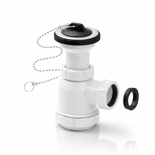 Sifón de Botella Corto Extensible para Lavabo y Bidé Racor 1' 1/2 Salida Ø40 mm con Reducción Ø32 mm Antiolor, Antifugas Polipropileno | Incluye Válvula | Instalación Fácil | F-3 Fluvia