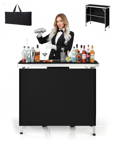Outvita Portable Bar Table, Outdoor Folding Mobile Bar Counter with 2 Tier Shelves and Black Skirt for Wedding Party Birthday Commercial Activity Musical Festival 39 'L x 34' H (Black Tabletop)