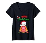 merry christmas, snowman wear sweater and santa hat, xmas maglietta con collo a v