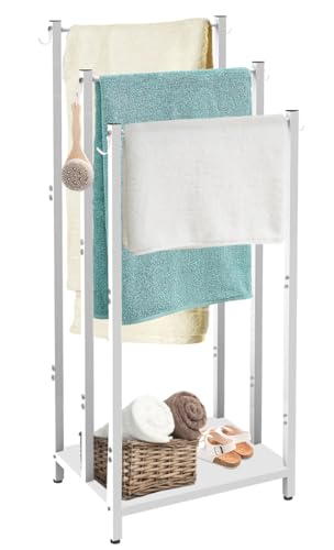 44 Inch Tall Free Standing Towel Rack, White | 3 Tiers Heavy Duty Blanket Drying Stand Holder with Metal Storage Shelf & 6 Hooks for Bathroom, Pool, Bedroom, Living Room