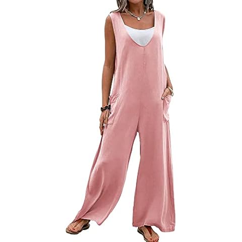 Women's Suspender Wide Leg Jumpsuit Baggy Square Neck Sleeveless Playsuits Boho Retro Solid Workwear Wide Leg Pants with Pockets (C-Pink , S ) Cover