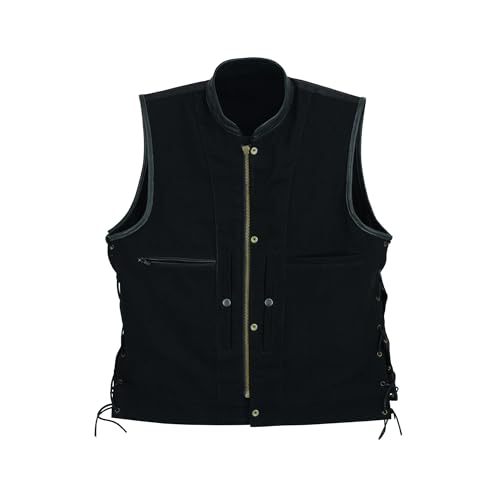 Leatherick Herren seite geschnürtes Anarchy Club Leder Trim Denim motorradfahrer Weste mit tief taschen schwarz - 5XL