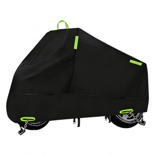 Motorcycle Cover Waterproof Outdoor Storage with Lock-Holes, Zipper Storage Bag & Night Reflective Design, All Season Protection Powersports Vehicle Covers Fits up to 86.5" Motorcycles