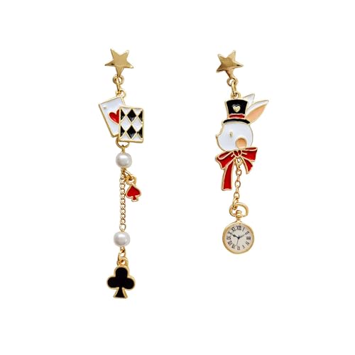 Unique Playing Card Dangle Earrings Red Heart Queen Poker Earrings for Women,Gold Asymmetric Rabbit Long Clock Poker Dangle Earrings Queen Hearts Costume