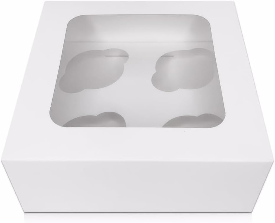 FALGUN 10 x Premium White 4 Hole Cavity Cupcake Boxes with Window and Inserts (4 Holes)