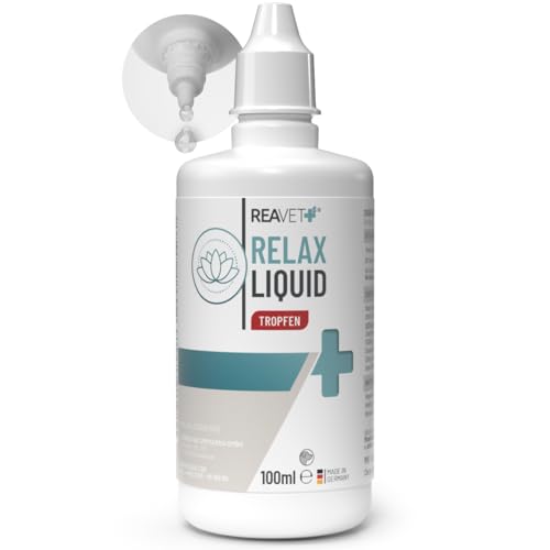 ReaVET Relax Liquid Tropfen für Hunde 100ml - Beruhigung mit Baldrian, L-Tryptophan, Vitamin B12 & Melisse I Beruhigungstropfen Hund bei Silvester, auf Reisen & Autofahrt
