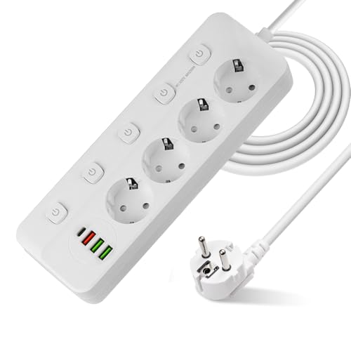 KBIBCK Steckdosenleiste Einzeln Schaltbar, 4 Fach Steckdosenleiste mit USB mit 4 USB, Verteilersteckdose mit Kindersicherung, 2500W 10A Mehrfachsteckdose mit Schalter für Zuhause...