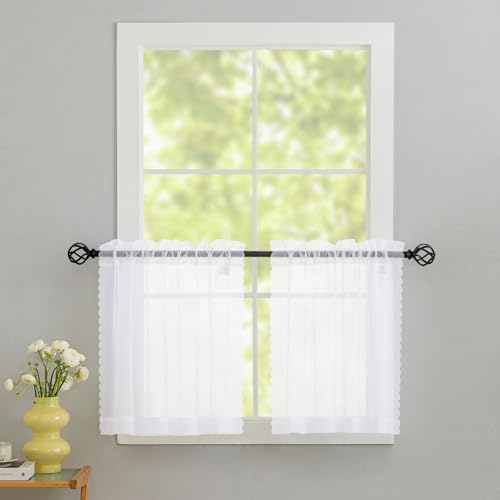 Image of MYSTIC-HOME Sheer White Kitchen Tier Curtains 24 Inch Length Set, Small Window Curtains Treatment for Bathroom /Living Room /Cafe /Basement, Short Voile Curtain Tiers 30in x 24in, Rod Pocket, 2 PCS