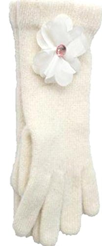 Winter White Angora Gloves Trimmed with Rhinestone Center Chiffon Flower
