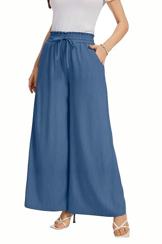 Image of KICZOY Women Flowy Pants Drawstring Waist Wide Leg Palazzo Beach Pants Loose Fit with Pockets