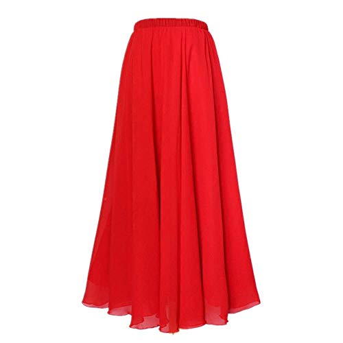MULLSAN Women Retro Vintage Double Layer Chiffon Pleat Maxi Long Skirt Dress (Red)