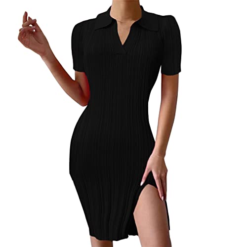 Strickkleid Damen, Strickkleid Damen Kurzarm Revers Pullover Kleid mit Schlitz Elegant Slim Fit Bodycon Kurz Kleid Pulloverkleid Einfarbig Enge...
