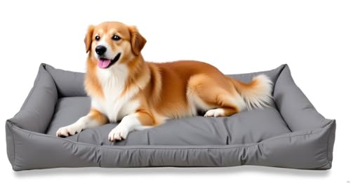 Wasserdicht waschbares Katzen und Hundebett mit Stabiler Seitenwand für kleine mittlere Tiere bis 25kg rutschfest Grau(L, 90x60x11 cm)