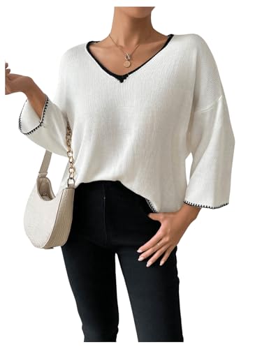 SweatyRocks Women's Contrast Binding V Neck Long Sleeve Knitwear Loose Fit Pullover Sweaters4