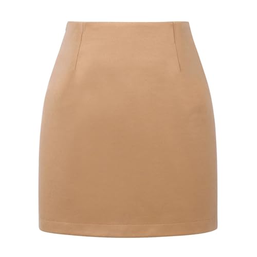 Kinghua Women Plaid Wool Pencil Skirt Autumn Winter High Waist Slit Bodycon Knee Length Midi Skirt, Pure Camel, XS