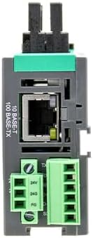 Bottom view of the PLC-ES1616P module, showing the Ethernet port, serial communication terminals, and 24V DC power supply terminals.