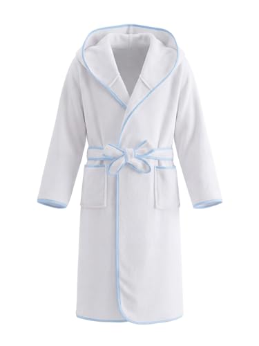 JiAmy Bata de baño con capucha para niños, de forro polar, ligera, con ribete de contraste, suave y absorbente para niños y niñas, blanco, 7-9 años