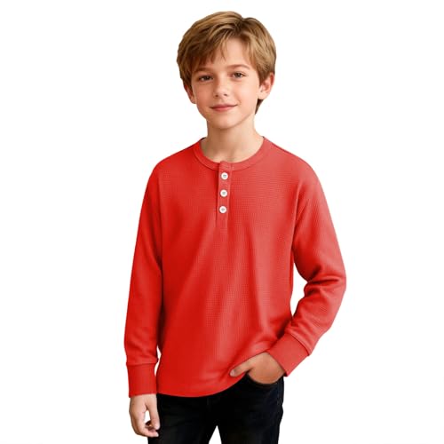 Slxbear Red Boy's Henley Shirts Long Sleeve Button Up Tops Waffle Solid Color Basic T-Shirt Kids Lightweight Comfort Fashion Tee Pullover Versatile Tee Back to School Clothes Tops 11-12 Years