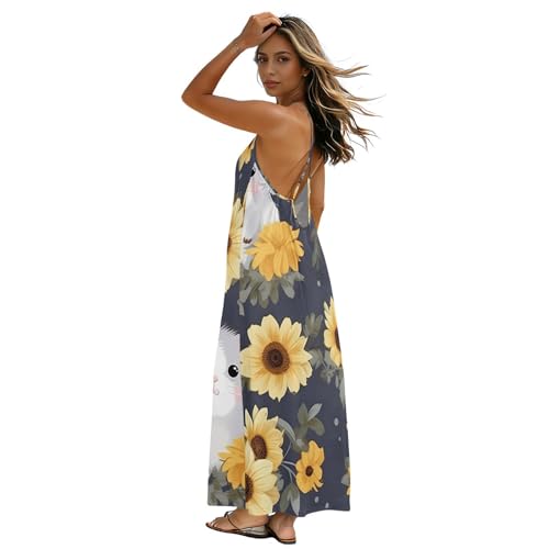 Robe longue bretelles spaghetti imprimé tournesol haute qualité