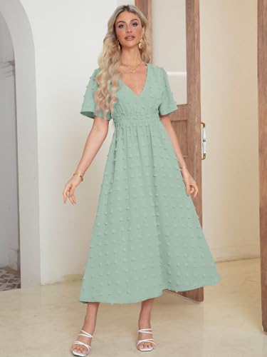 Simplee Womens Boho Maxi Dress Summer Wedding Guest Short Sleeve V Neck Swiss Dot Flowy Dresses(M Sage Green)