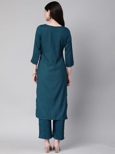 Image of Hritika Self Design Viscose Rayon Teal Kurta & Trousers Set (HRKB0048TEAL XS)