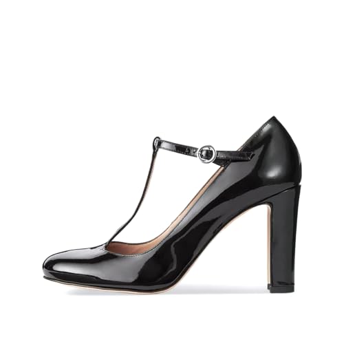 iadore Women Fashion Patent Leather High Chunky Heel Shoes Sexy Round Toe with T Strappy Buckle Dress Pumps Size 5-12 US2