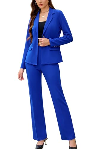 Women's 2 Piece Suits Business Casual Outfits Long Sleeve Solid Blazer with Pants Professional Office Work Sets Royal Blue