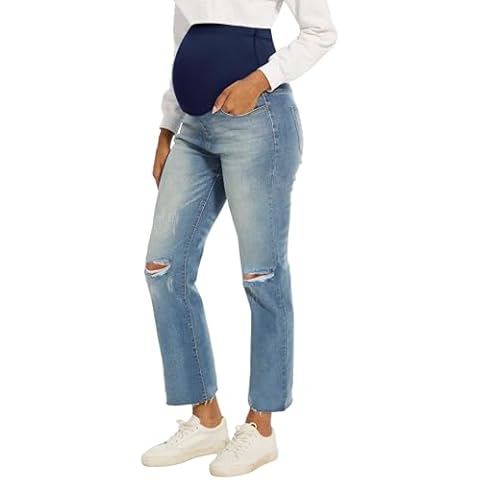 Peauty Maternity Jeans for Women Maternity Pants Over Belly Straight Leg Pregnancy Pants for Women with Pockets (Blue 8) Cover