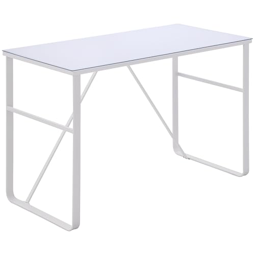 HOMCOM Scrivania da Camera per Computer, PC, Ufficio, Scrivania Moderna in Metallo Bianco e Vetro Temperato 120x60x74.5cm