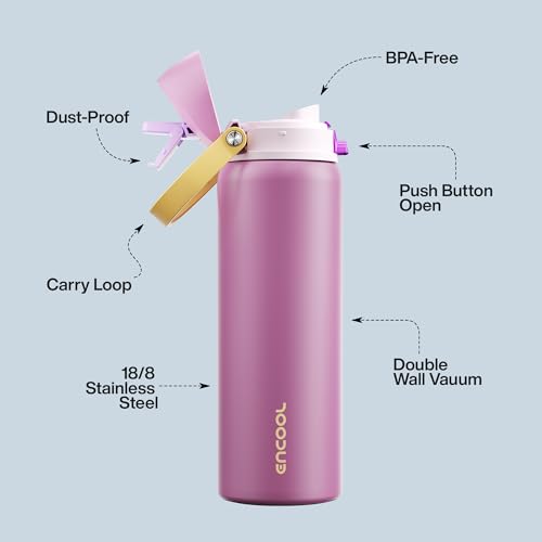 Image of Insulated Water Bottle with Straw - Encool Stainless Steel Water Bottle with Push Button Lid, Leak-Proof & BPA-Free, Keeps Cold for 24 Hours for Sports, Travel, Gym (32 oz, Light Orchid-Fuchsia)
