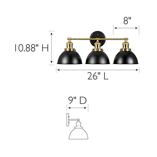Image of Design House Savannah Rustic Farmhouse 3-Light Bathroom Vanity Light, Dimmable, Satin Gold, Matte Black Metal Shade, 26 in x 9 in x 10.88 in, 588301-BGD