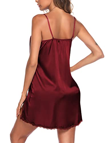 Ekouaer Women's Silk Nightgowns Satin Chemise Babydoll Lingerie Lace Sleepwear V Neck Nightwear Wine Red #TOP3